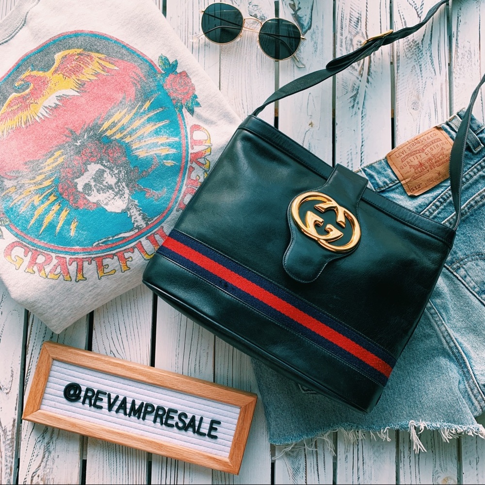AUTH. VINTAGE GUCCI NAVY LEATHER BLONDIE BRITT BAG